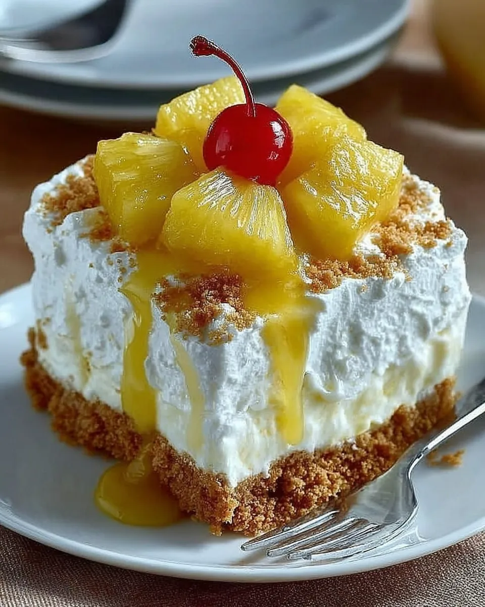 A chilled slice of no-bake pineapple cream dessert with coconut topping and graham cracker crust