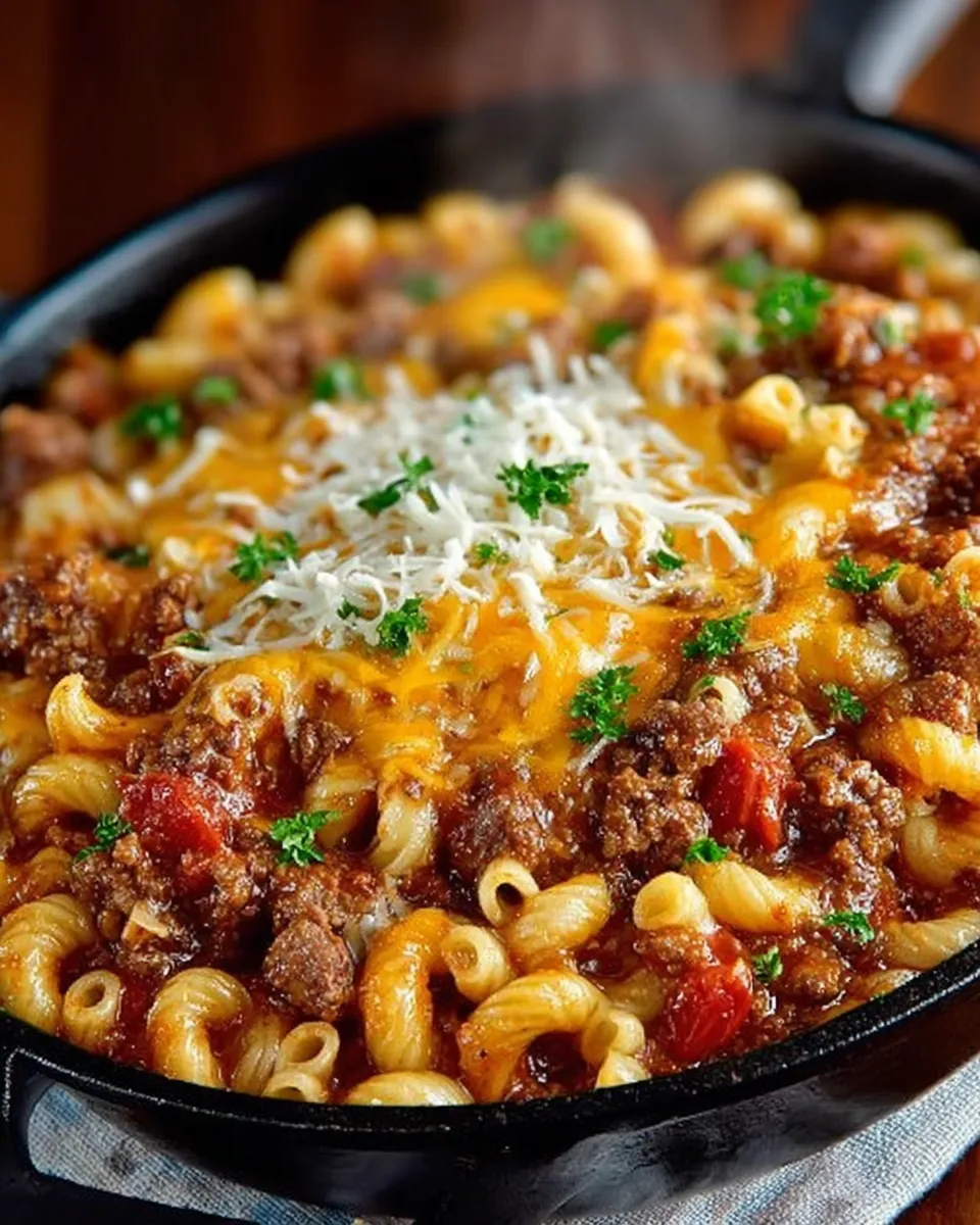 A bowl of Old Fashioned Goulash topped with melted cheese, served hot with garlic bread 