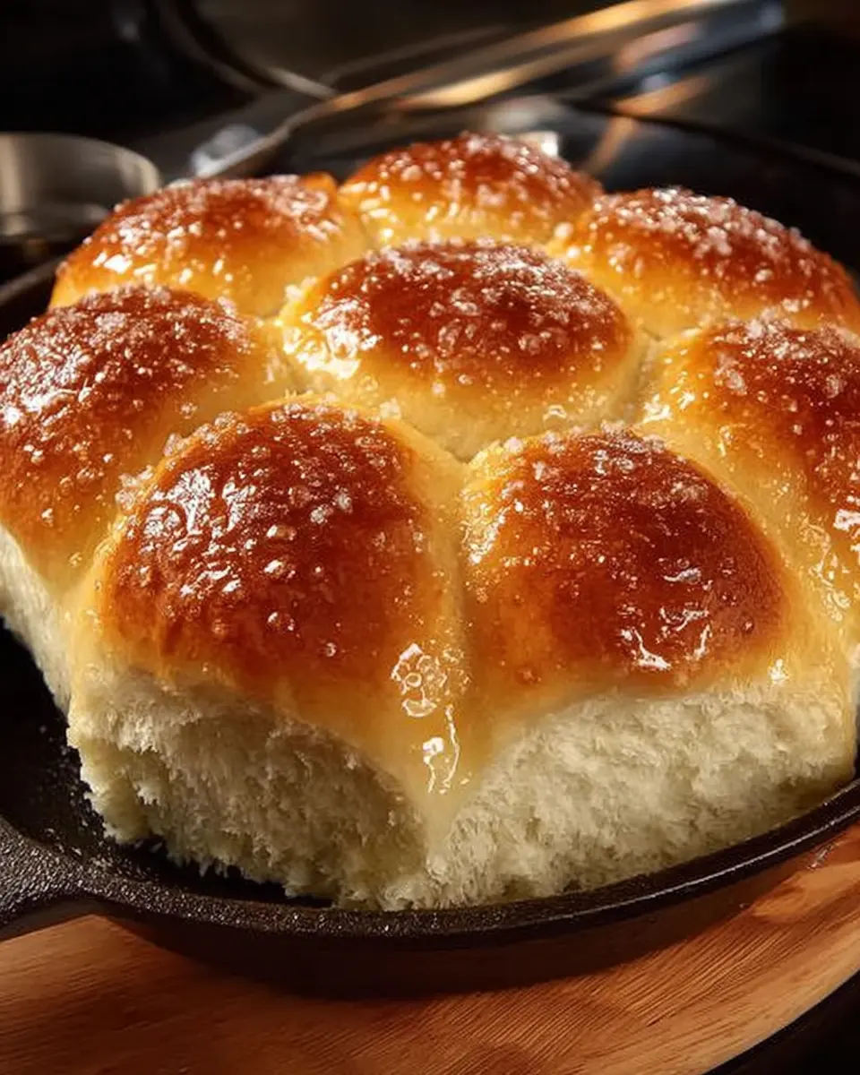 Freshly baked golden yeast rolls brushed with melted butter, arranged in a baking dish
