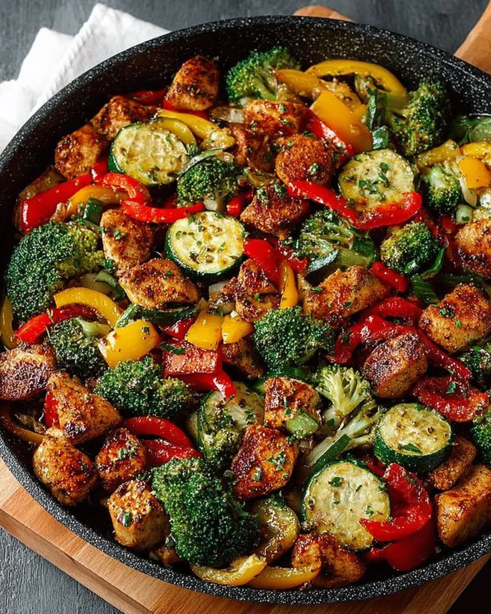 One-pot chicken and veggie skillet with colorful vegetables in a sauté pan