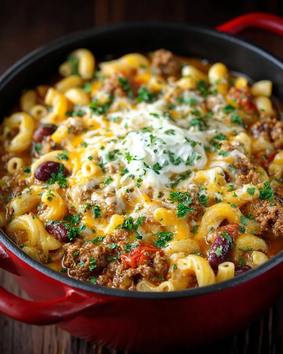 One Pot Chili Mac and Cheese served in a skillet with melted cheese and fresh parsley on top