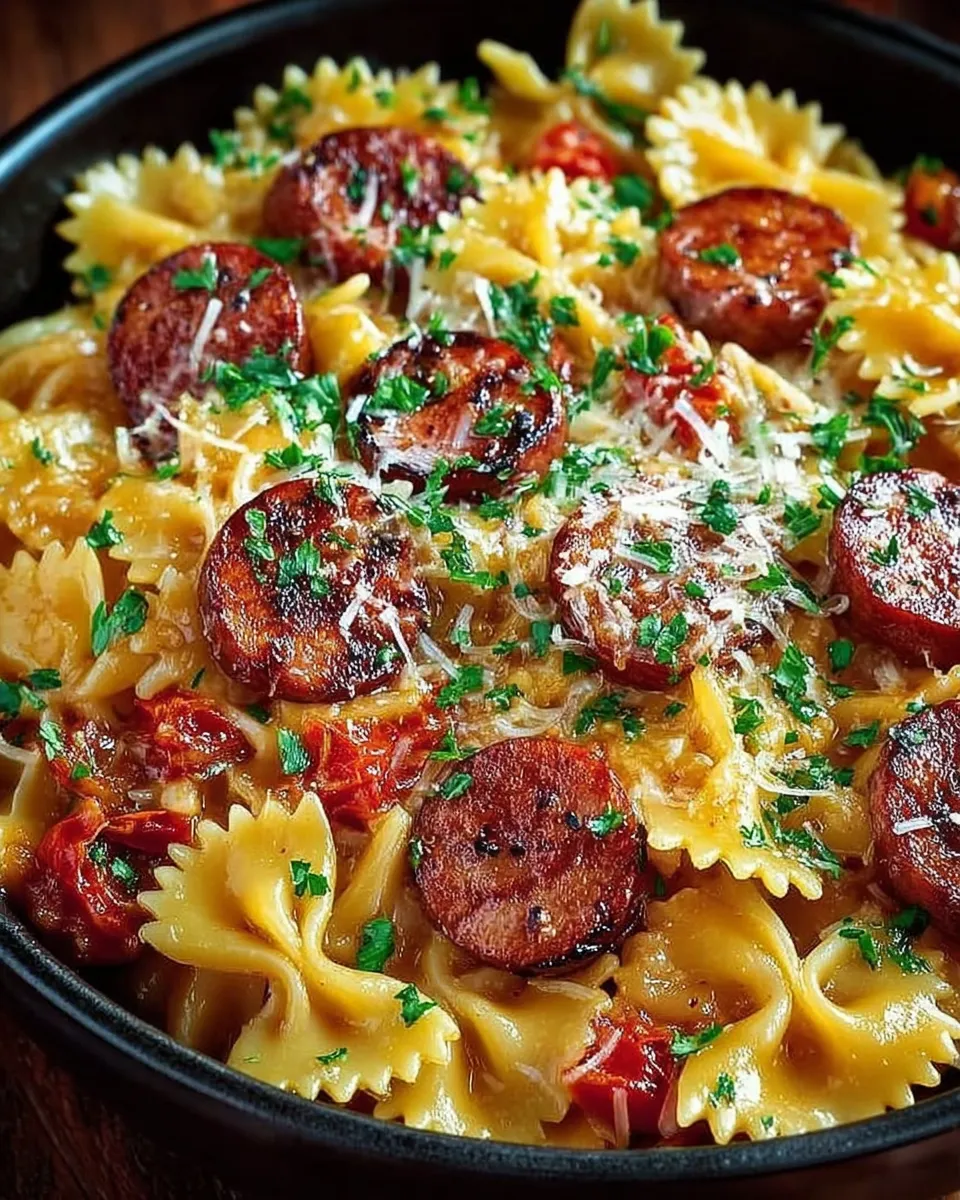 One Pot Kielbasa Pasta in a skillet with browned sausage, tender noodles, and fresh parsley on top