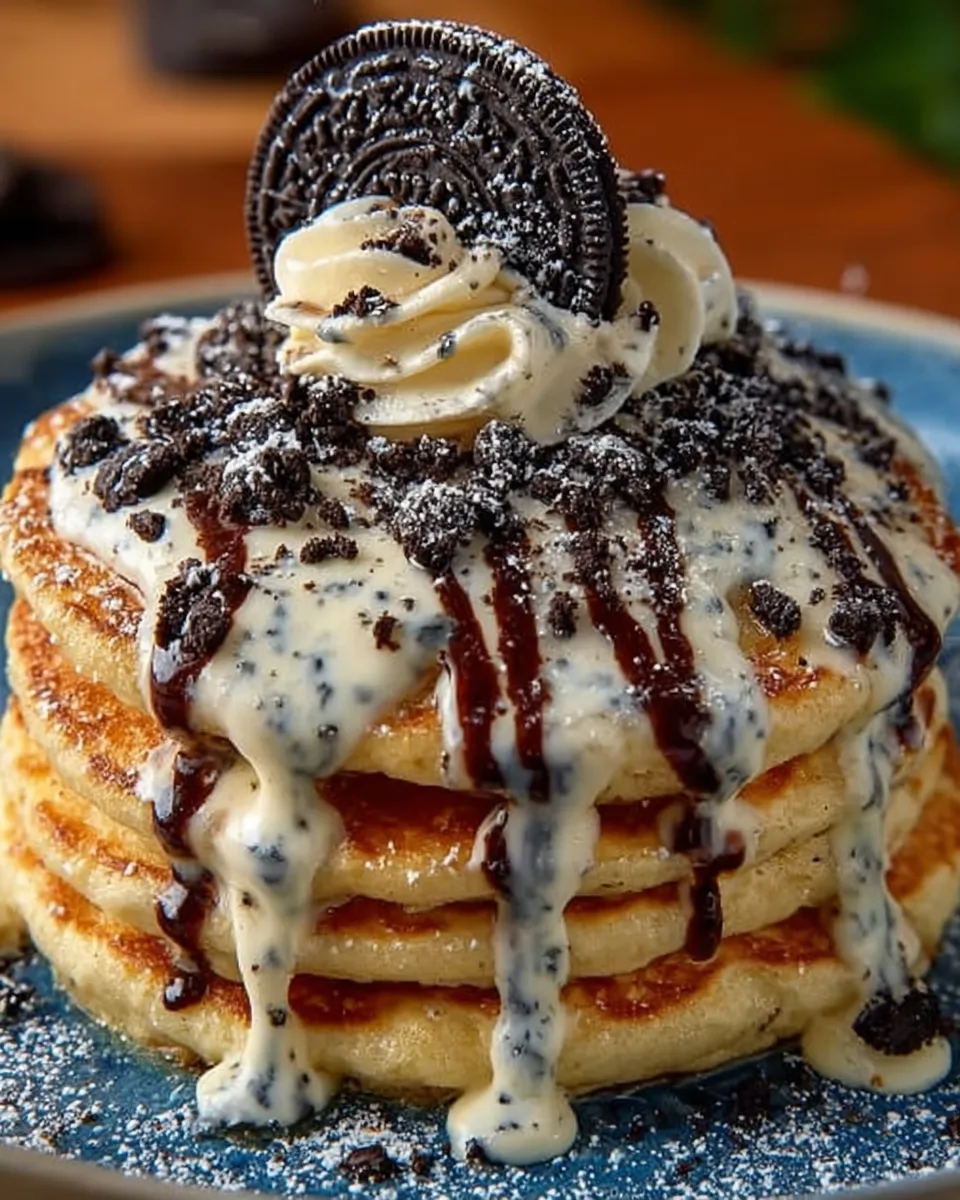 Stack of Oreo pancakes drizzled with cream cheese sauce and topped with crushed Oreos