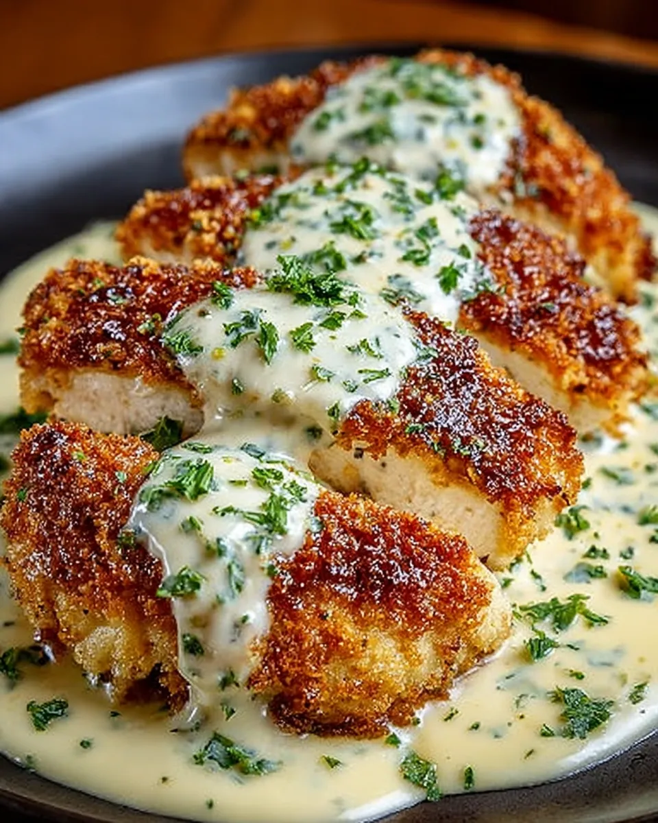 Golden Parmesan crusted chicken topped with creamy garlic sauce in a skillet
