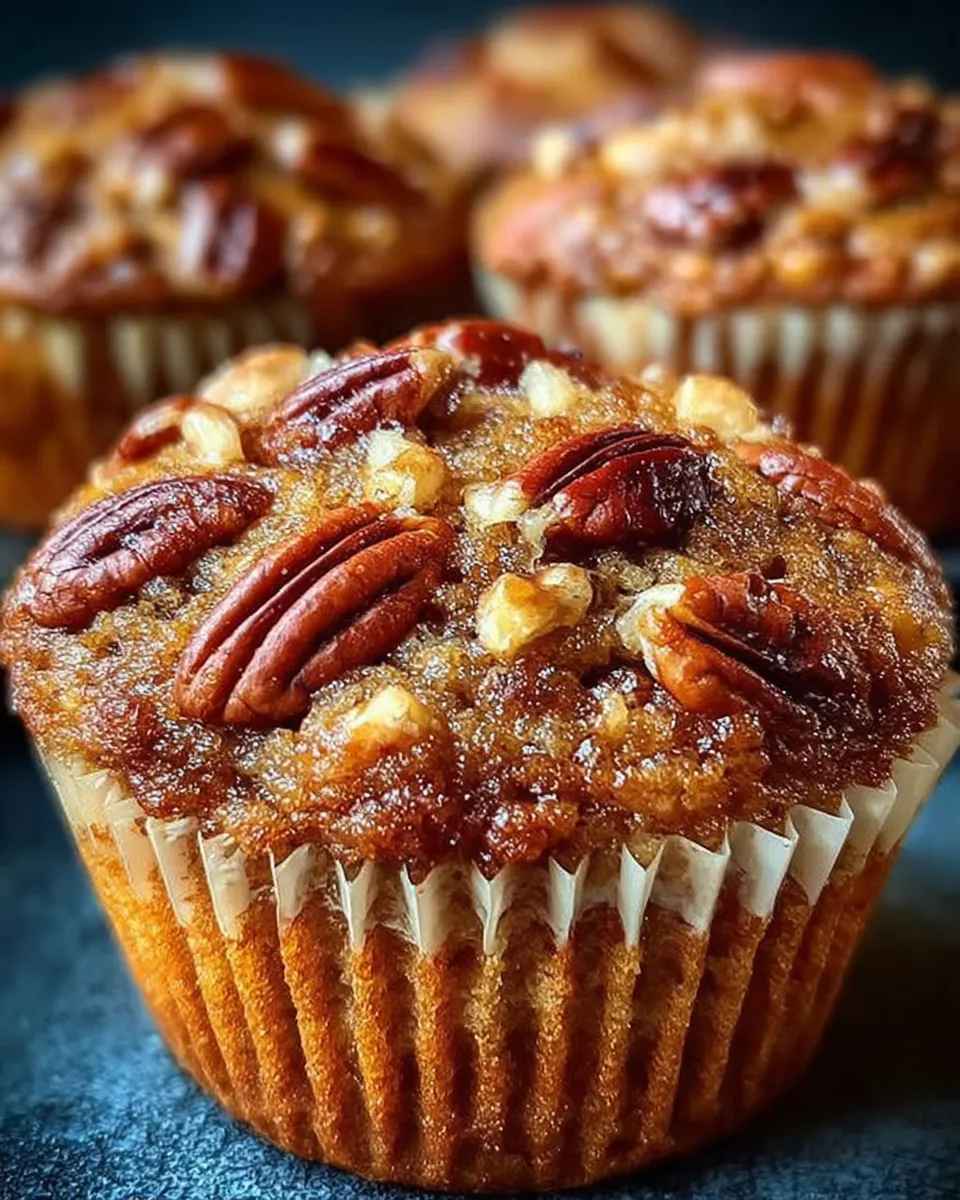 A close-up of golden pecan pie muffins with caramelized tops and chopped pecans on a cooling rack.