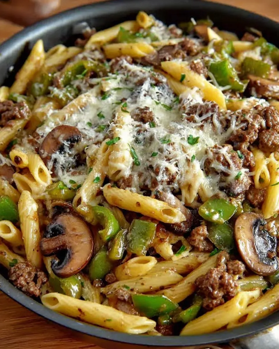 Skillet of Philly Cheese Steak Pasta with beef, peppers, and melted provolone