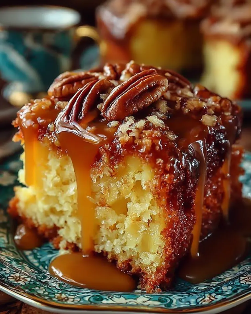 A slice of moist pineapple coconut cake topped with caramelized pecan coconut glaze on a white plate 