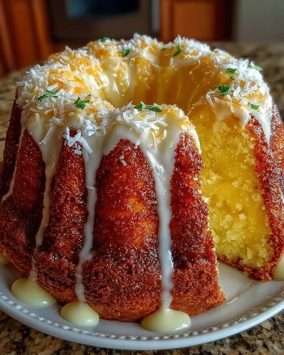 Pineapple cream cheese bundt cake with glaze and toasted coconut on top