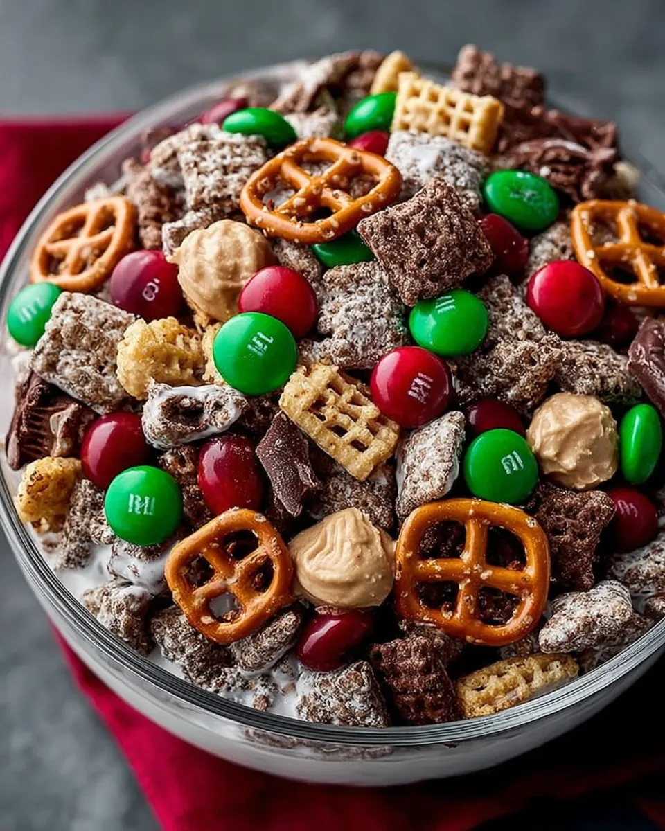 Bowl of Reindeer Chow with colorful candies
Close-up of chocolate-coated cereal mix
Holiday-themed Reindeer Chow snack mix