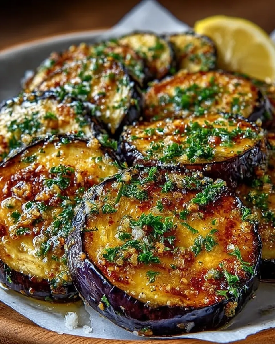 Roasted eggplant slices garnished with parsley and lemon zest on a baking tray