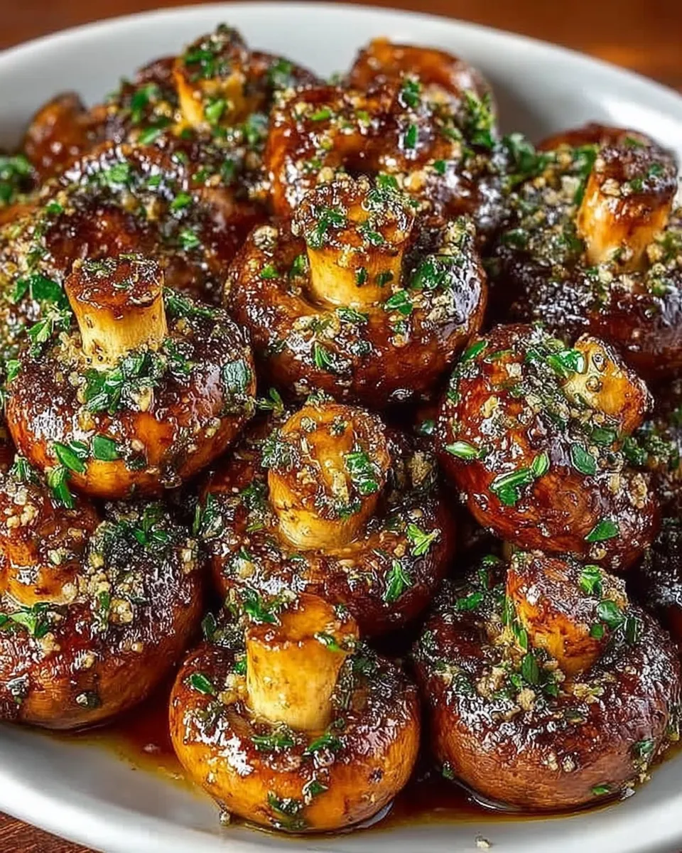 Roasted garlic mushrooms with fresh herbs on a baking sheet