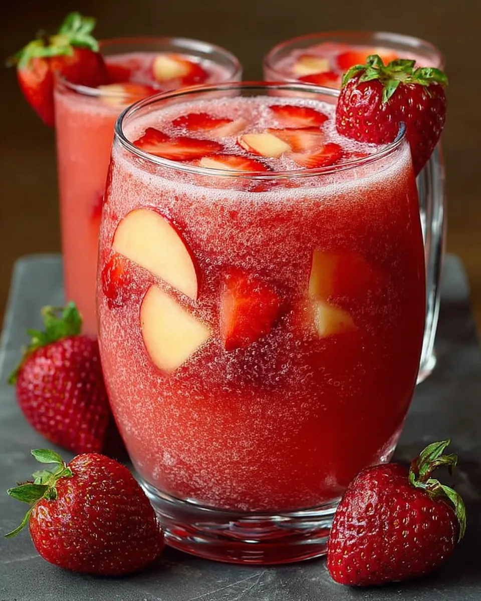  A glass pitcher of Summer Strawberry Apple Punch with ice, strawberry slices, and apple chunks floating on top