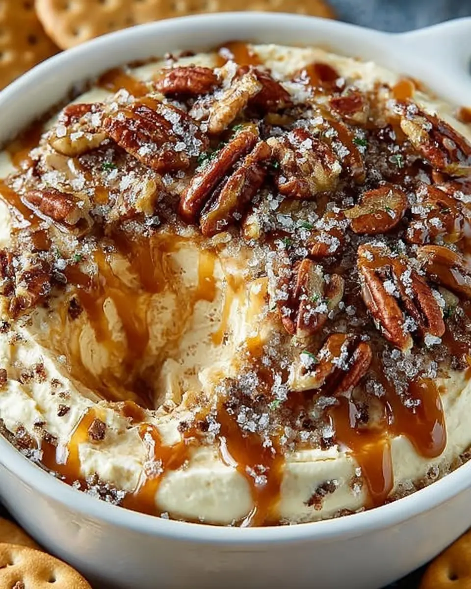 Bowl of creamy cheesecake dip swirled with caramel and topped with pecans, served with apple slices and cookies