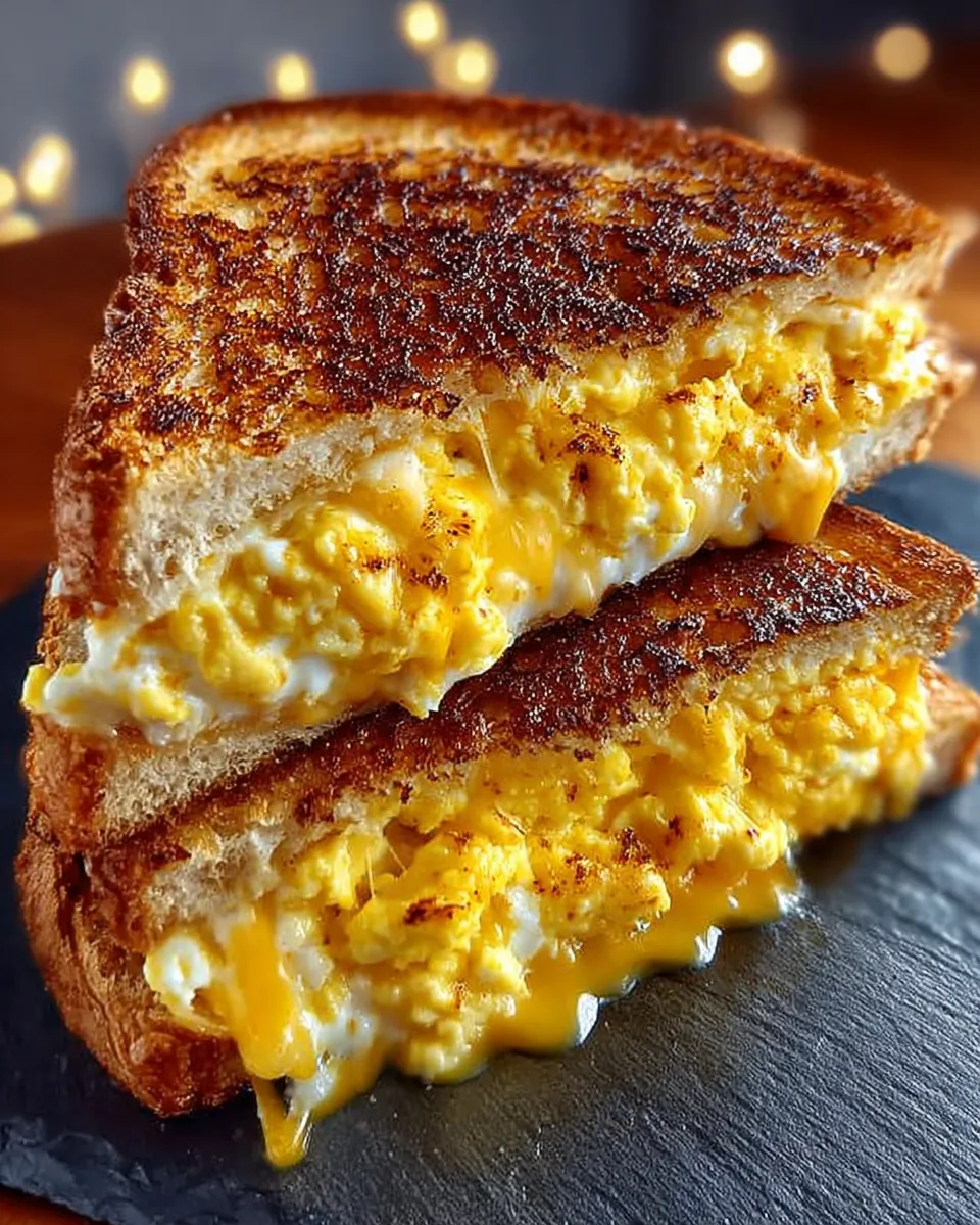 Golden Scrambled Egg Grilled Cheese Sandwich cut in half, with melted cheese and fluffy eggs oozing out 