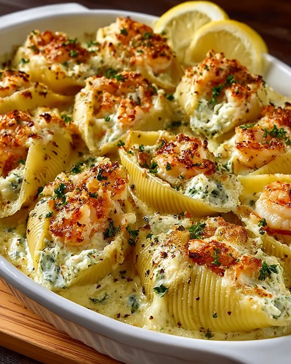 A casserole dish filled with seafood stuffed pasta shells topped with melted cheese and Alfredo sauce