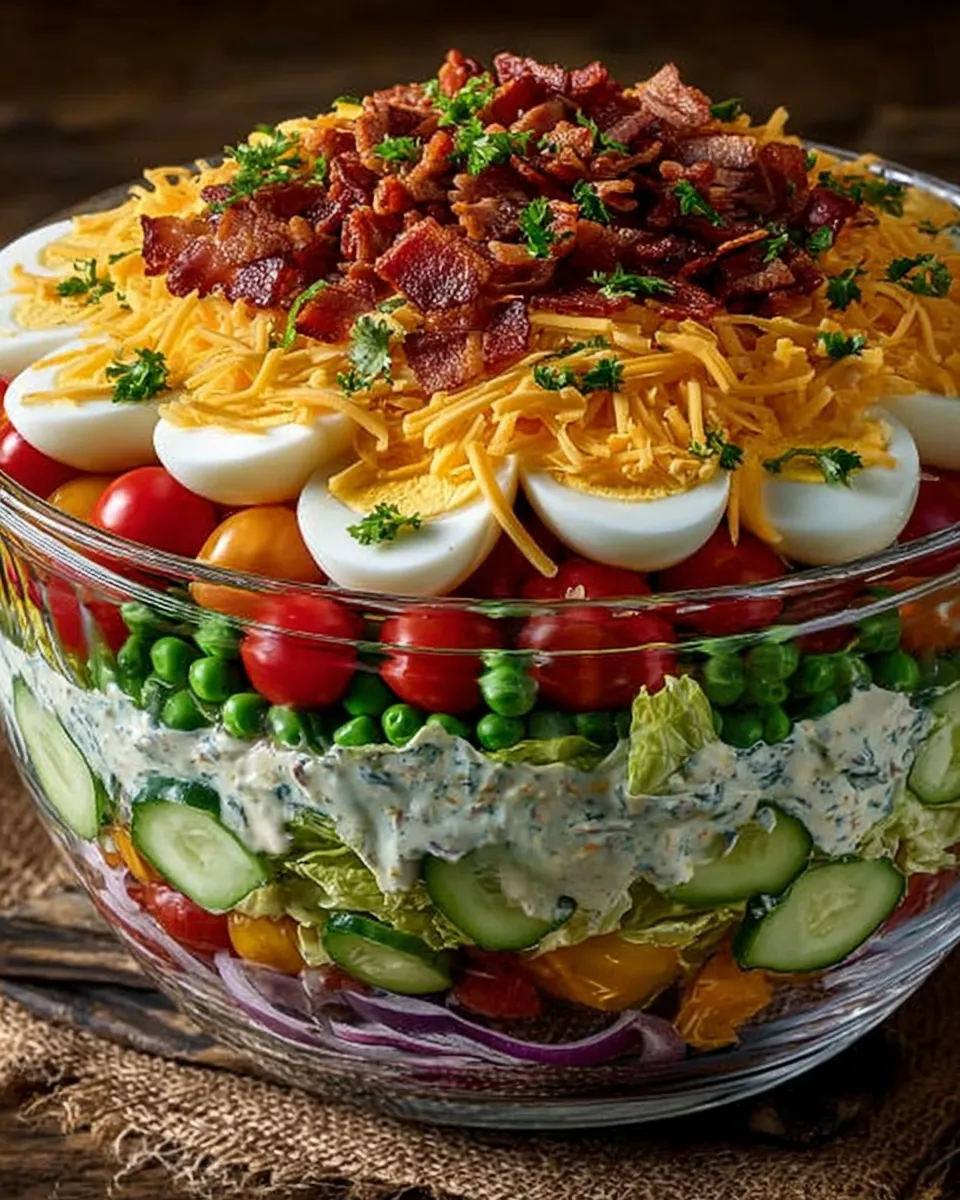 A glass trifle dish filled with vibrant Seven-Layer Salad, showing colorful layers of lettuce, vegetables, eggs, cheese, and bacon.