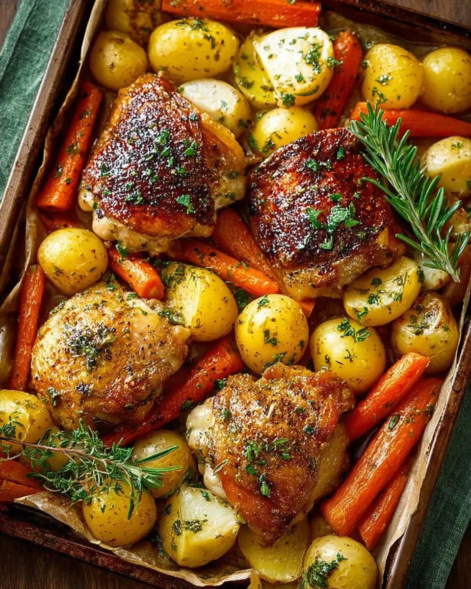 Roasted chicken thighs with golden potatoes and carrots on a sheet pan, garnished with lemon and herbs