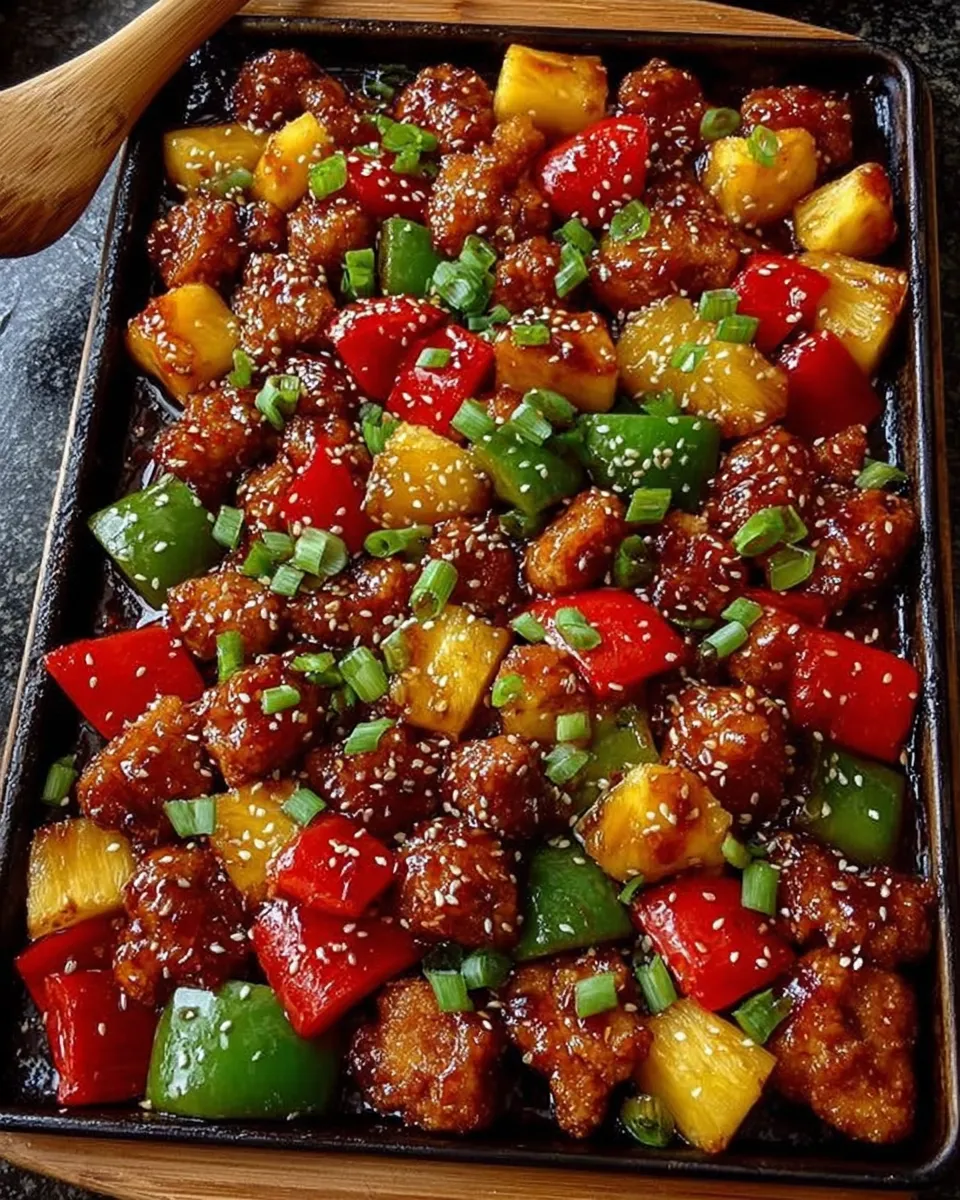 Sheet pan with baked chicken, bell peppers, and pineapple glazed in sweet and sour sauce
