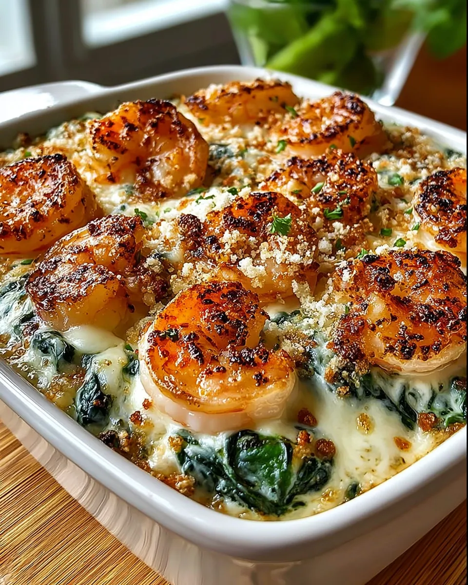 Golden baked shrimp and spinach casserole with bubbling cheese and crispy breadcrumbs in a white dish