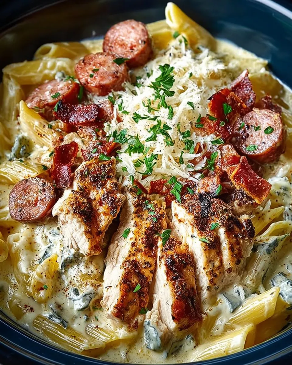 Bowl of Slow Cooker Cajun Chicken Alfredo garnished with parsley and parmesan