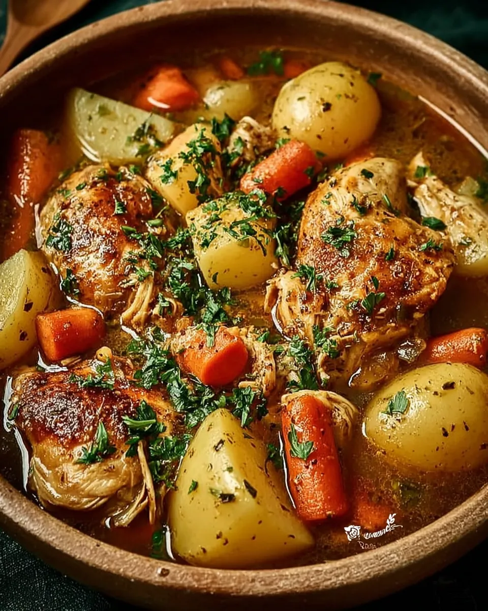 Bowl of slow cooker chicken stew with carrots, potatoes, peas, and fresh parsley