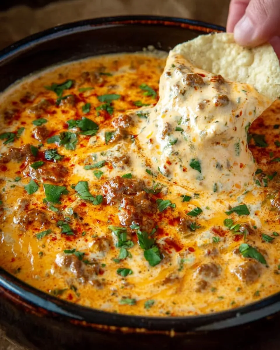  Bowl of creamy taco dip with ground beef, salsa, and cheese, surrounded by tortilla chips