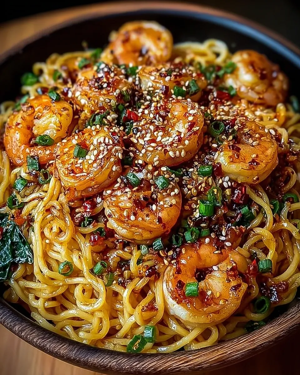 Bowl of Spicy Garlic Shrimp Noodles topped with sesame seeds and green onions
