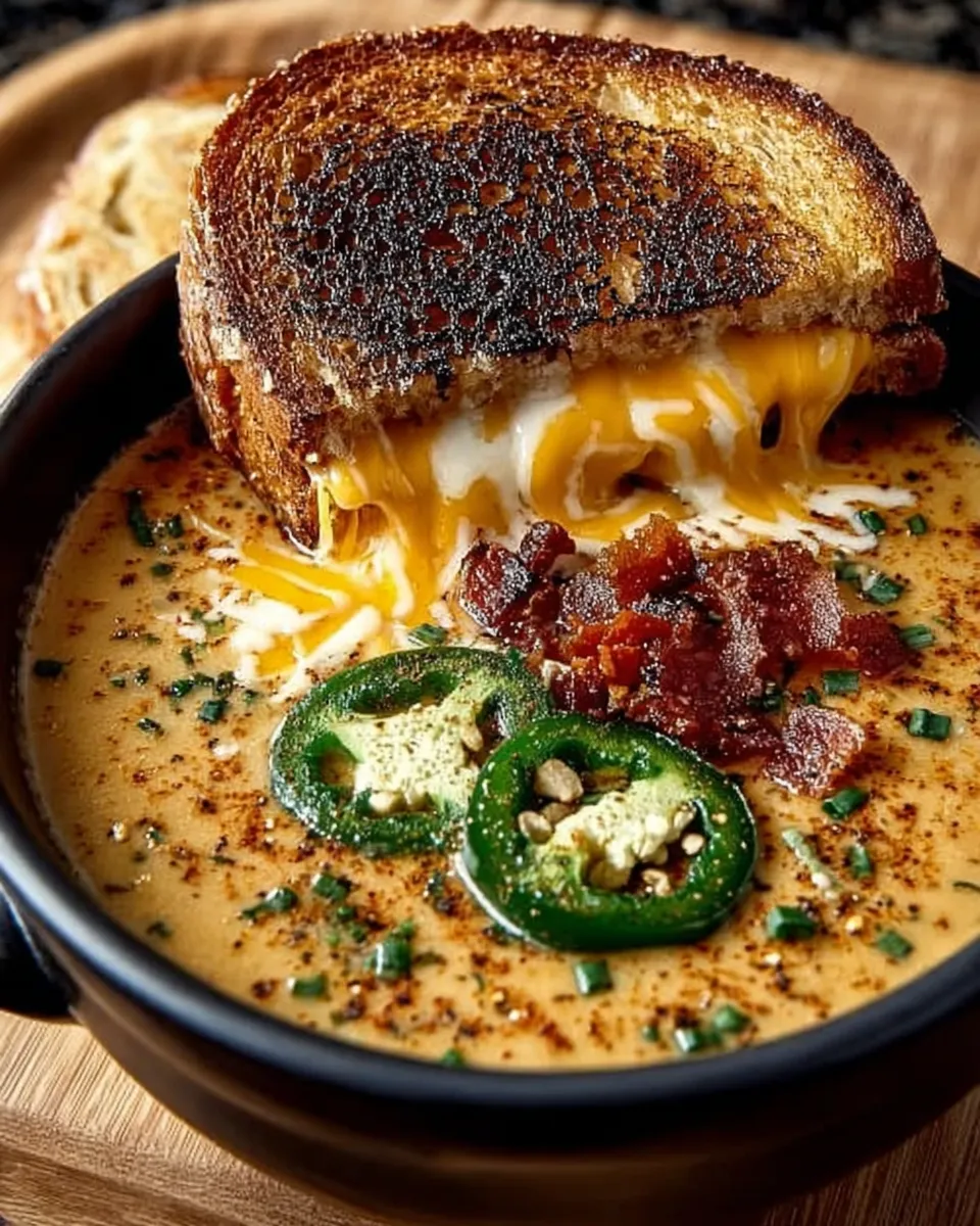 Bowl of creamy jalapeño popper soup topped with crispy bacon and chives, with grilled cheese dippers on the side