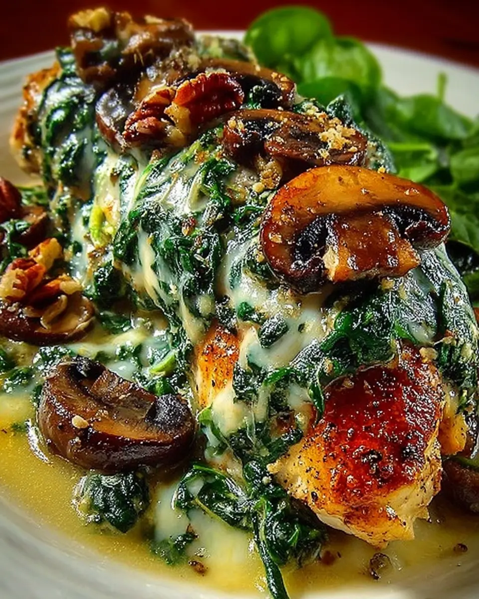 Skillet with golden chicken breasts smothered in mushrooms, spinach, and melted provolone cheese