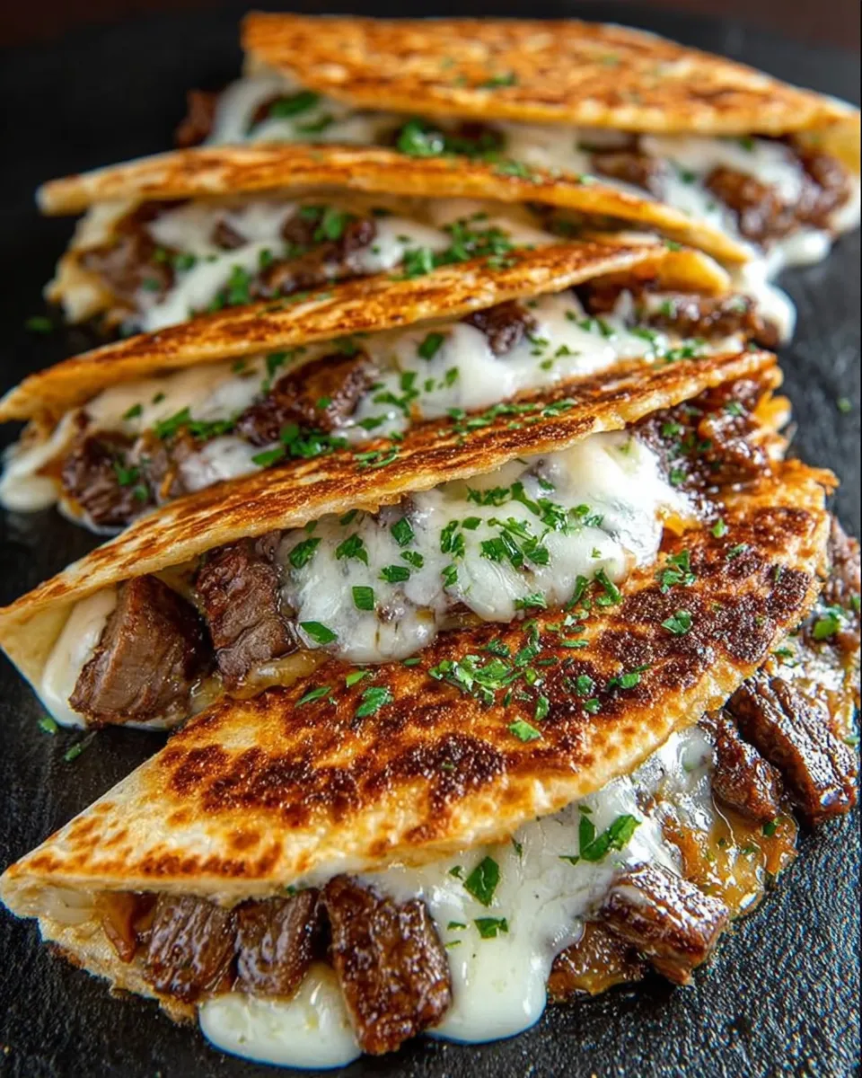 Sliced steak cheese quesadillas with melted cheese and steak filling on a plate