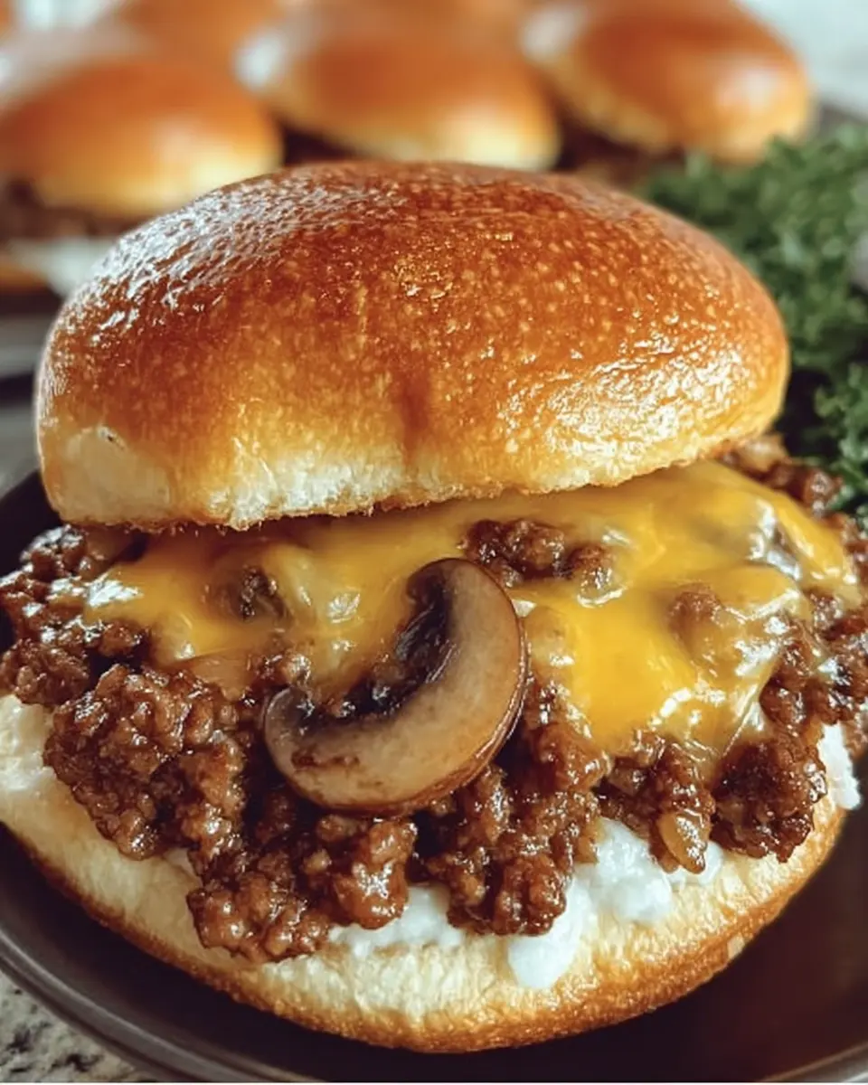 Steakhouse Burger Sloppy Joes served on toasted buns with sautéed mushrooms and onions
