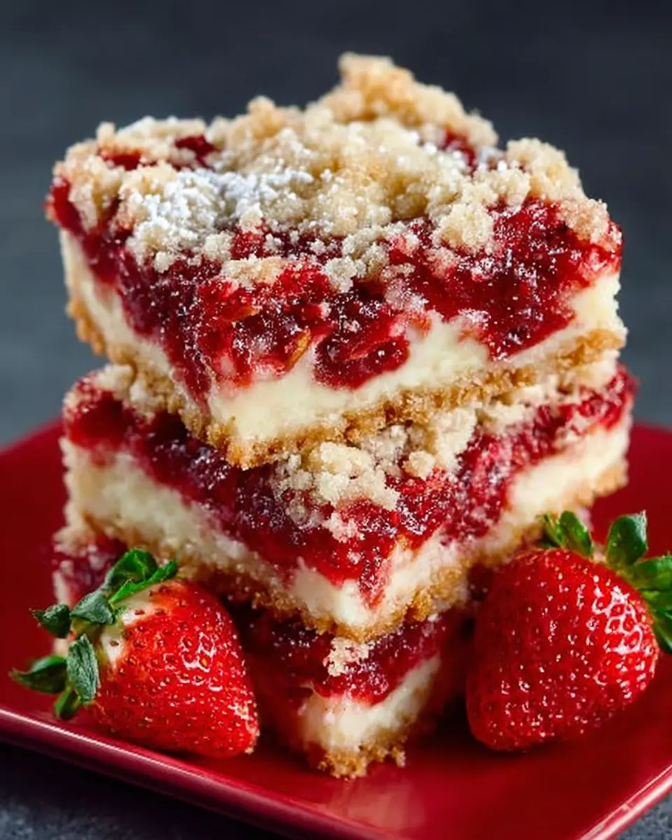 Golden strawberry crumb bars with juicy fruit filling and crumb topping, served in squares on a rustic plate