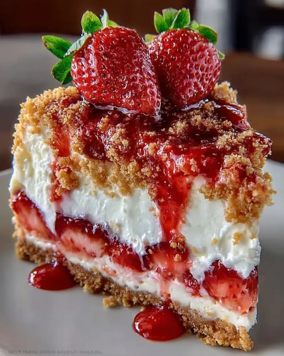 A slice of strawberry crunch cheese cake topped with fresh strawberries and graham cracker crumbs on a white plate.