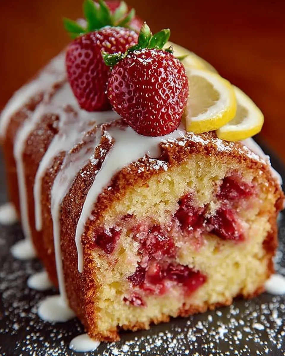 Sliced strawberry lemonade pound cake drizzled with lemon glaze and garnished with fresh fruit