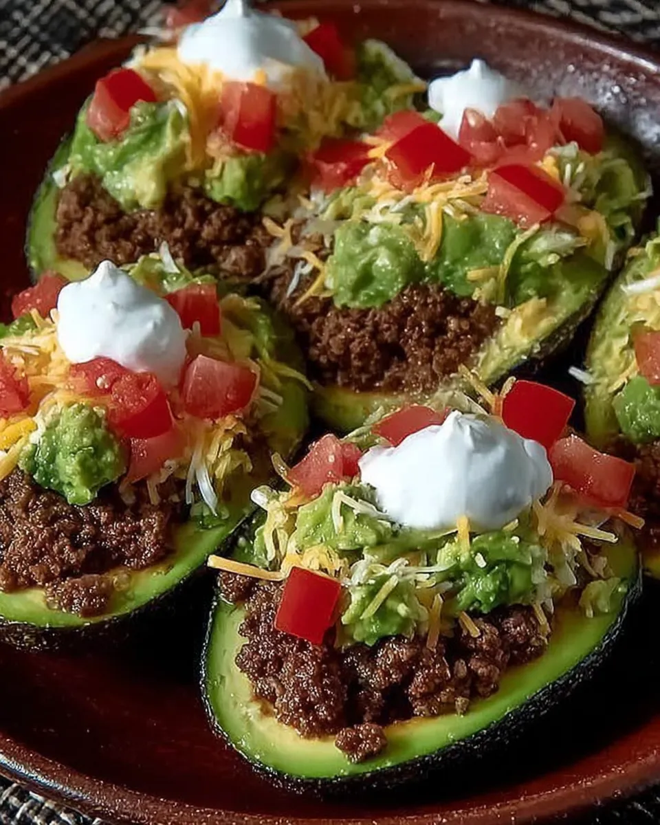 Stuffed avocado halves filled with taco beef, cheese, lettuce, tomatoes, and sour cream on a serving platter 
