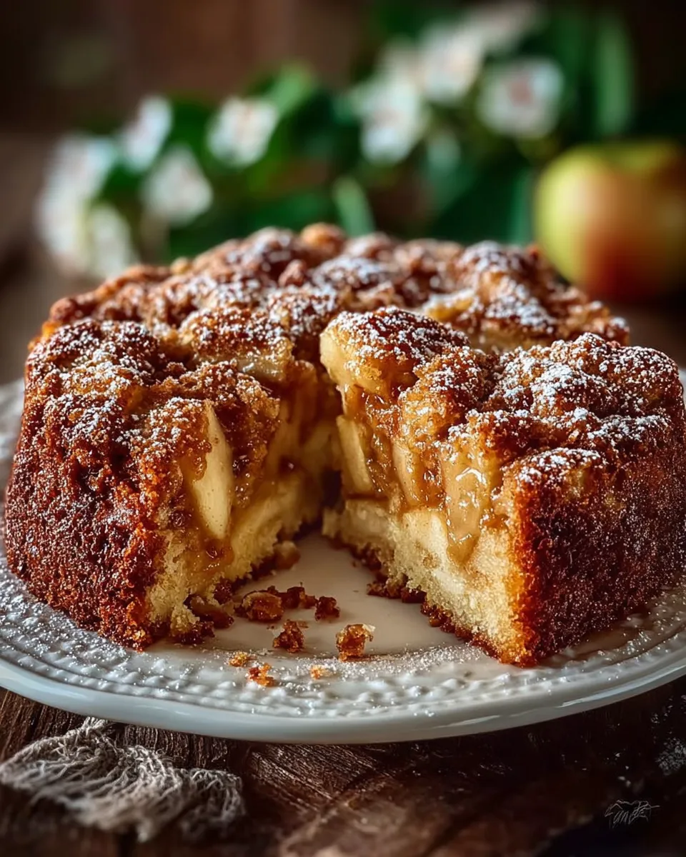 Slice of Swedish Apple Cake with caramel sauce drizzled over the top on a dessert plate
