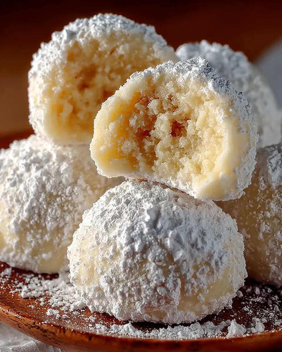 A stack of Sweetened Condensed Milk Snowball Cookies dusted with powdered sugar on a festive plate