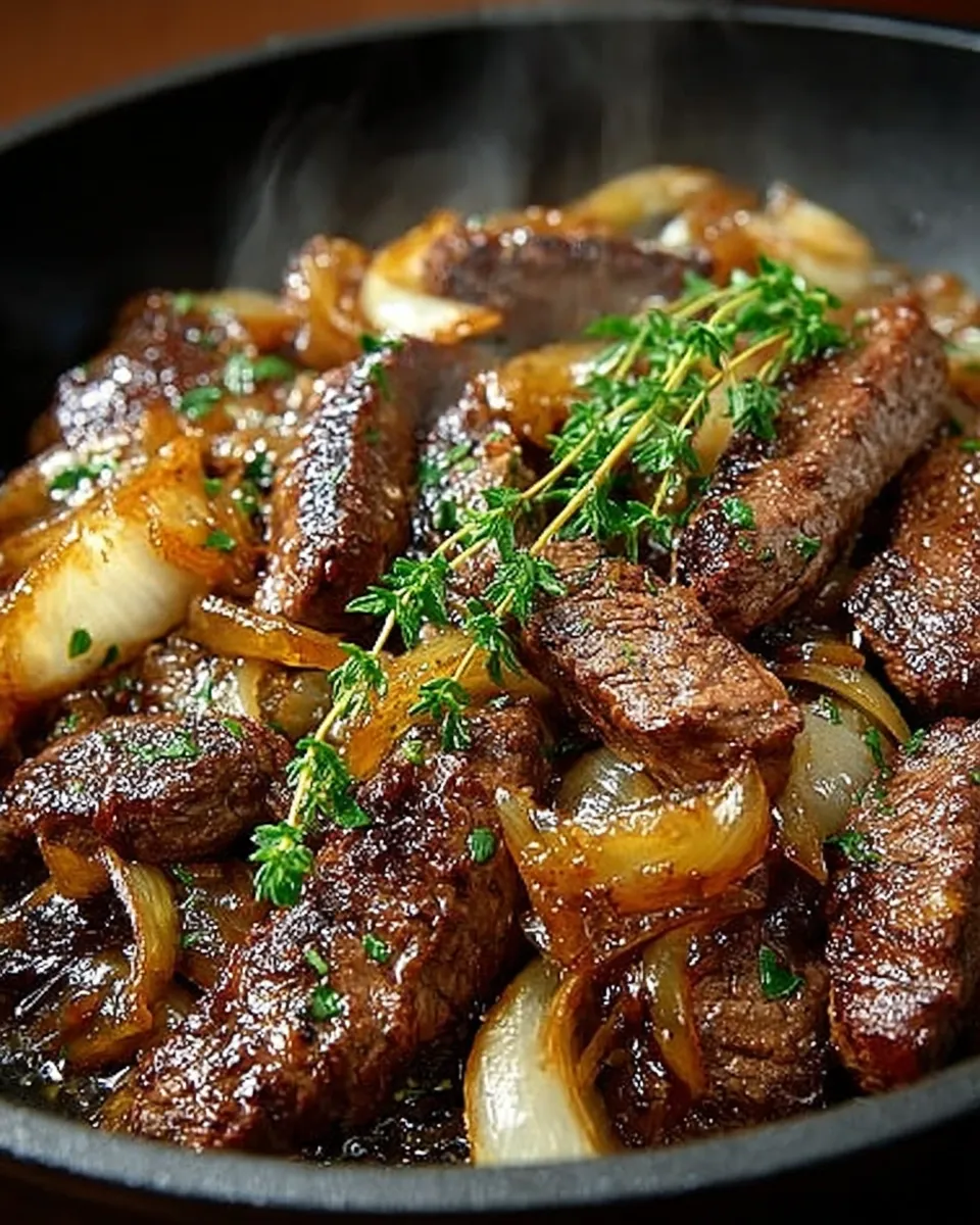Skillet of tender beef strips with golden caramelized onions, garnished with thyme