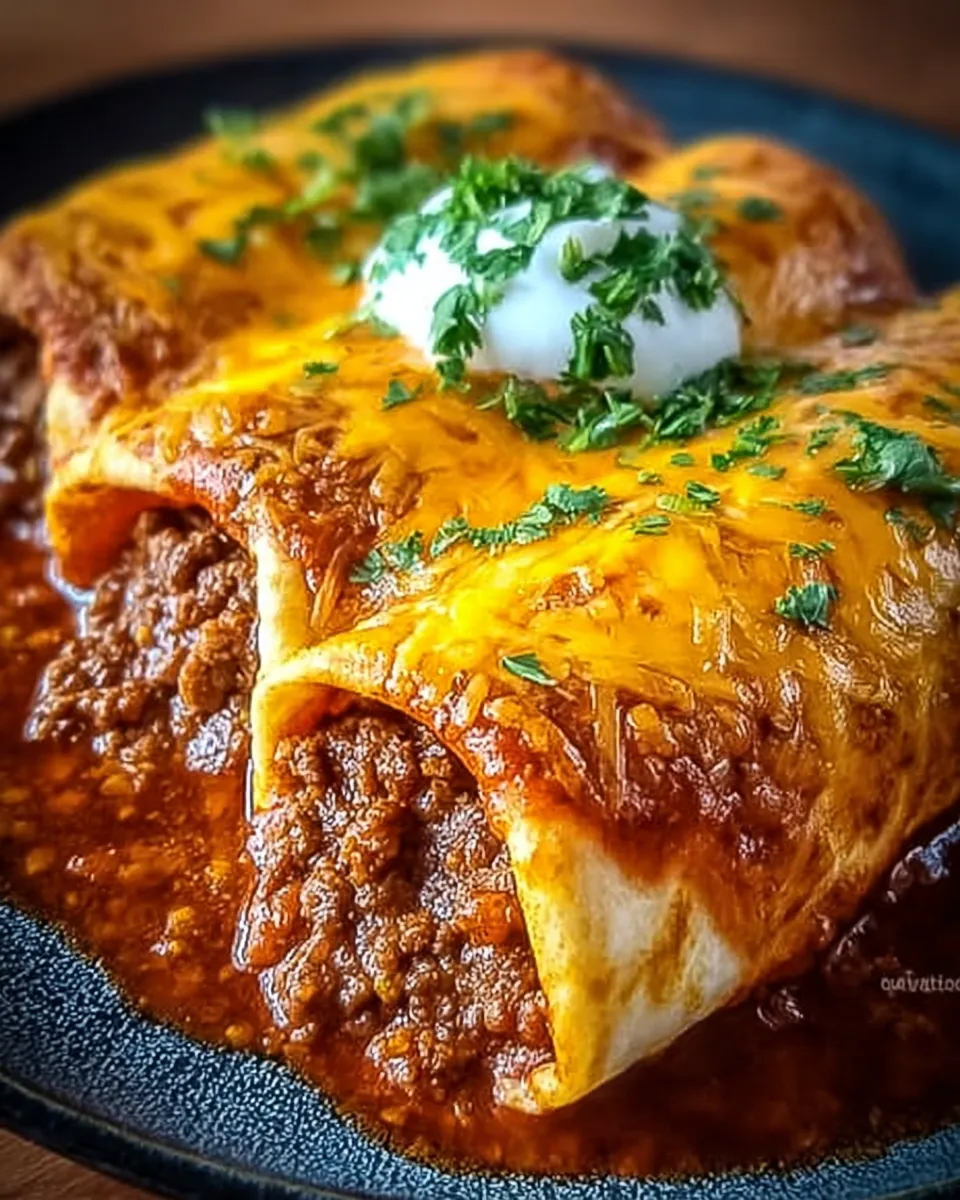 A plate of enchiritos topped with melted cheese, red sauce, sour cream, and chopped onions.