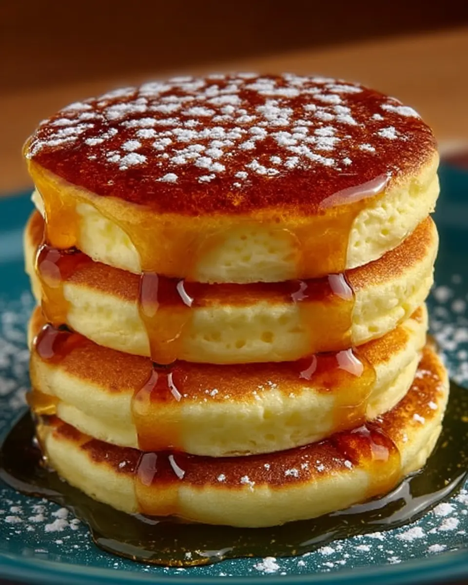 Stack of golden fluffy pancakes topped with butter and syrup on a breakfast plate