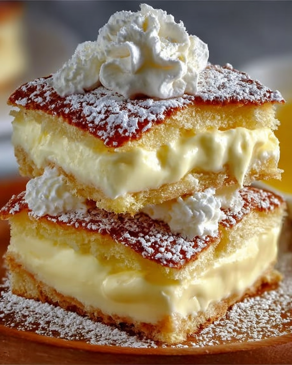 A slice of vanilla custard cream square with whipped cream on top, served on a dessert plate