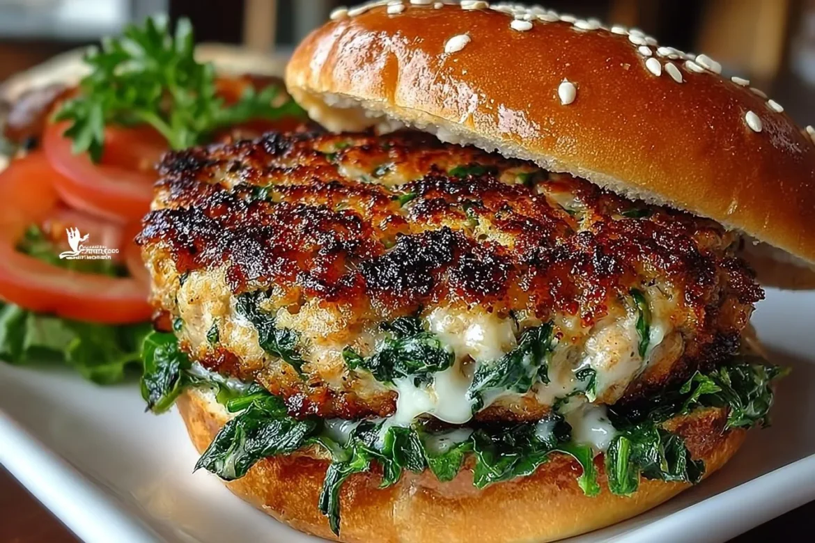 A close-up of a white cheddar and spinach chicken burger in a toasted bun with lettuce and tomato.