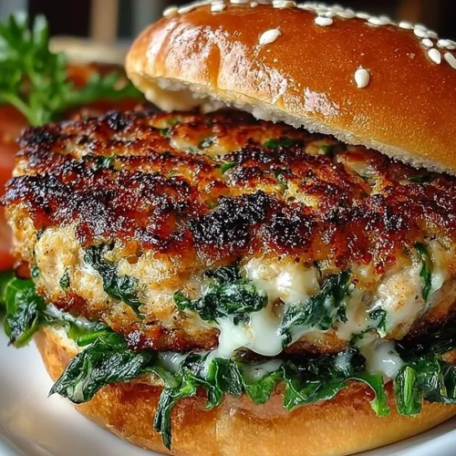 A close-up of a white cheddar and spinach chicken burger in a toasted bun with lettuce and tomato.
