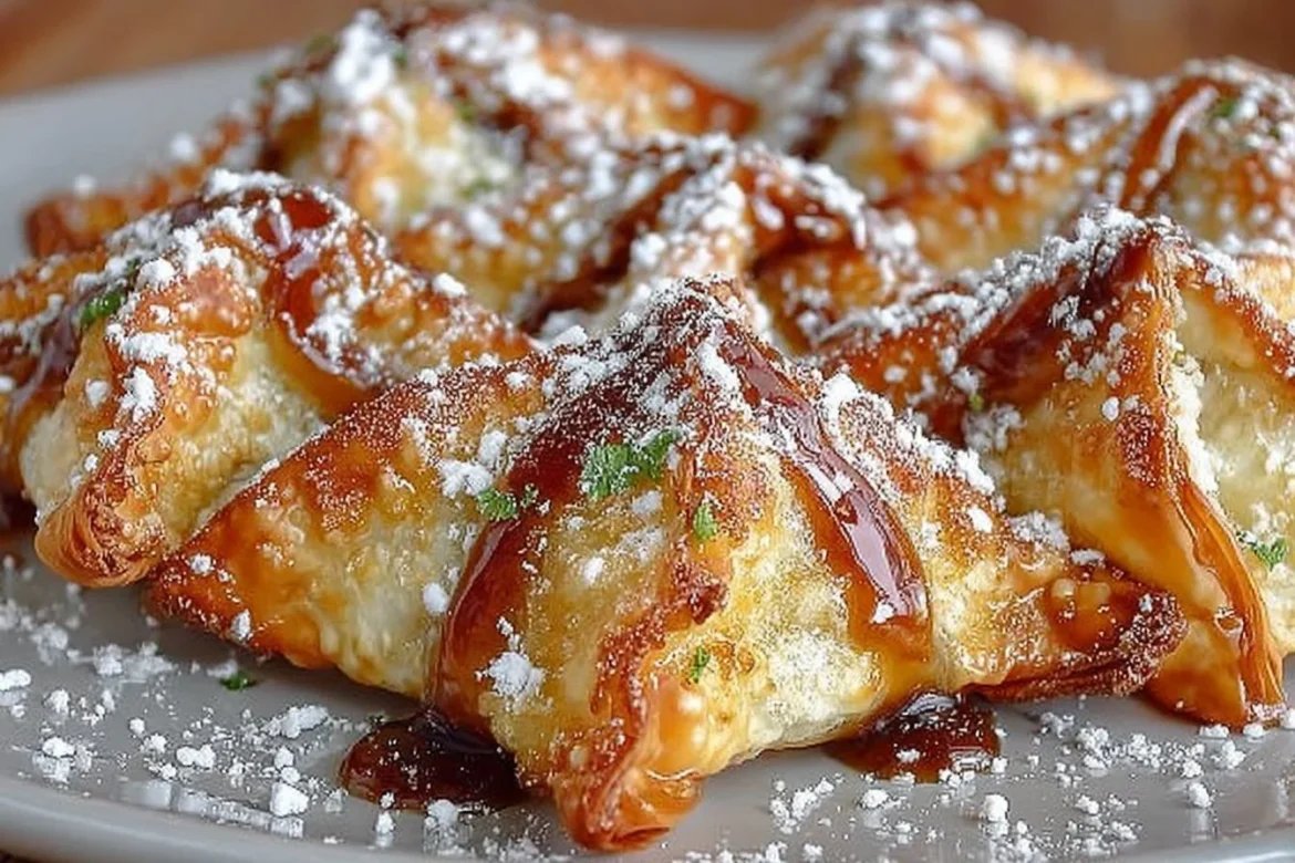 Air Fryer caramel apple wontons served on a plate with caramel drizzle