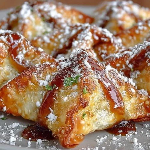 Air Fryer caramel apple wontons served on a plate with caramel drizzle