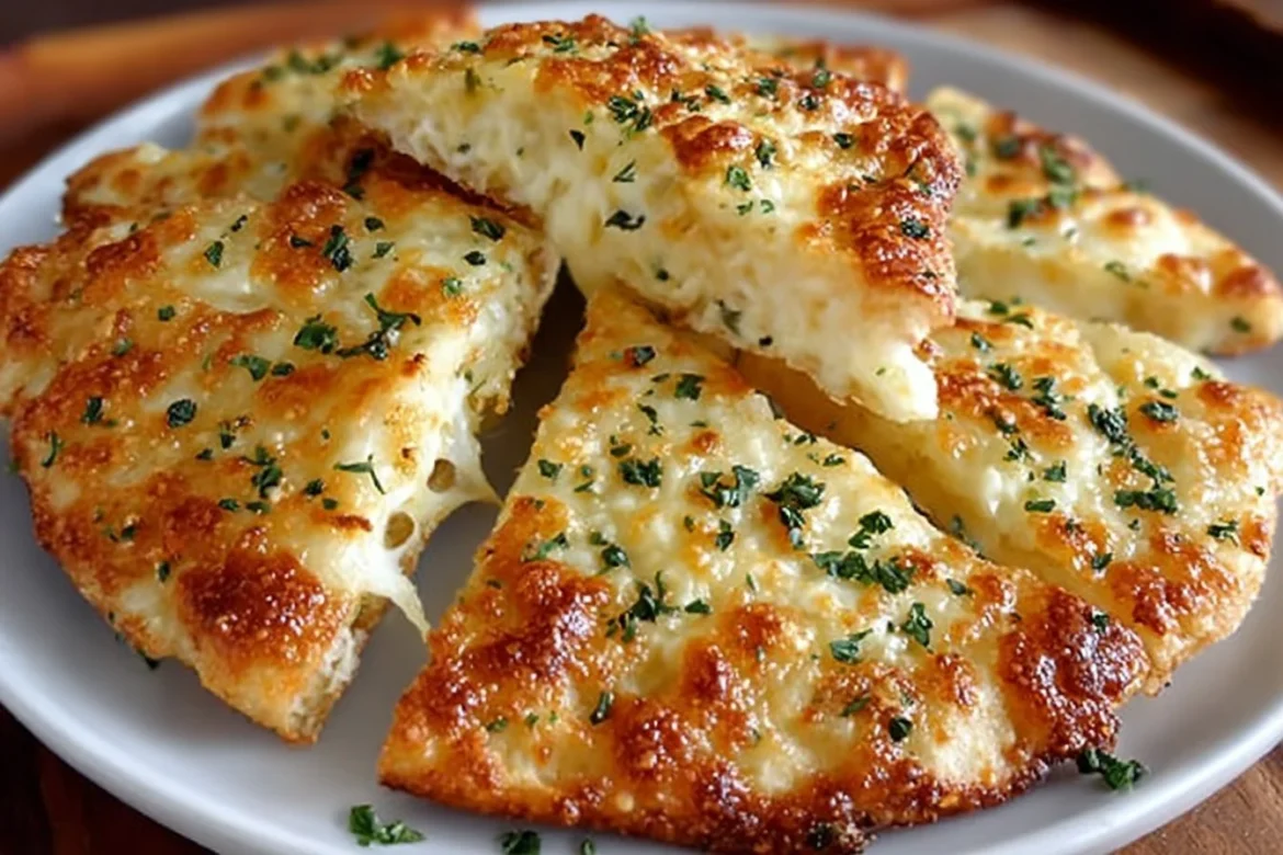 Air Fryer Cheesy Tortilla Garlic Bread topped with melted cheese and garlic
