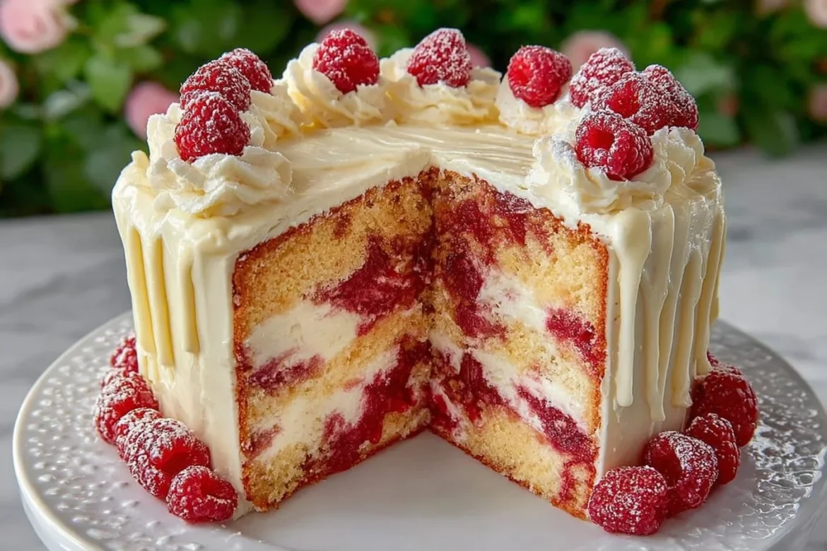 Delicious Almond Raspberry Swirl Cake with vibrant raspberry swirls and almond topping
