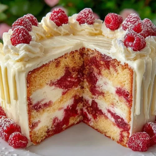 Delicious Almond Raspberry Swirl Cake with vibrant raspberry swirls and almond topping