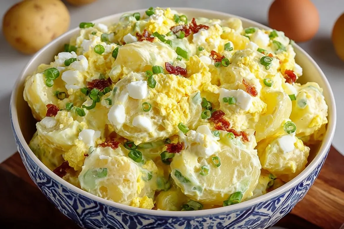 Amish Potato Salad served in a bowl with herbs and spices