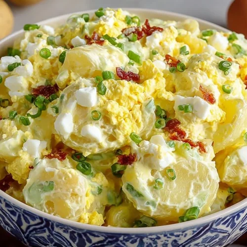 Amish Potato Salad served in a bowl with herbs and spices